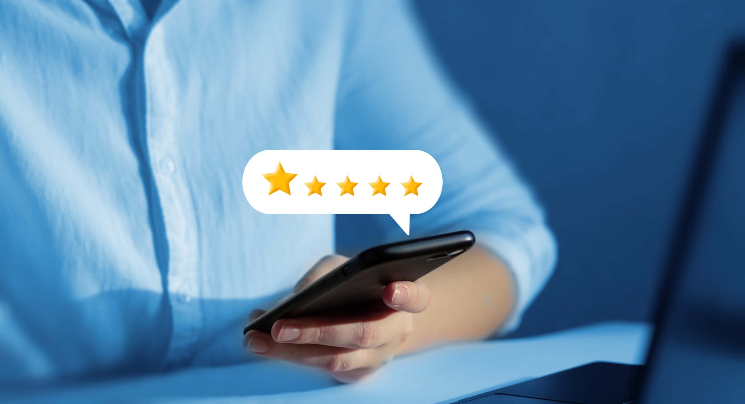 concept of satisfaction quality and performance of services. person who gives leave feedback on the bought product with gold five star rating feedback icon.  scaled